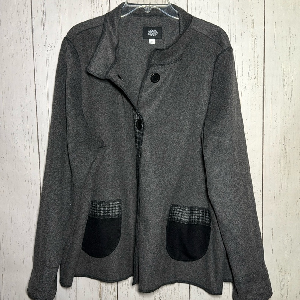 Cameleon Plaid Grey Wool Blend Lagenlook Button Collared Jacket Size 2X